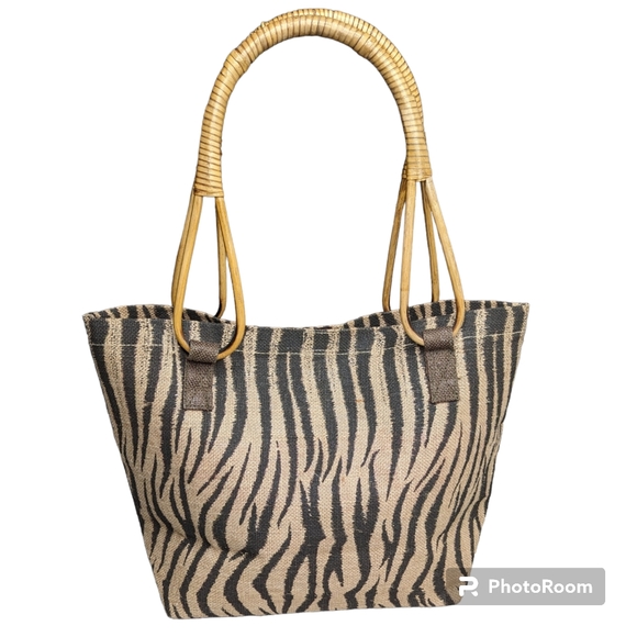Jute Burlap Tote With Cane Handles in Zebra Print Purse Handbag - Picture 1 of 15